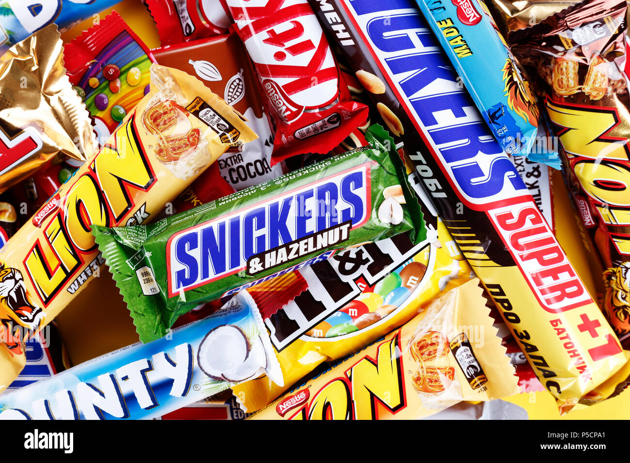 Kiev, Ukraine, March 29, 2018. different chocolate bars of modern