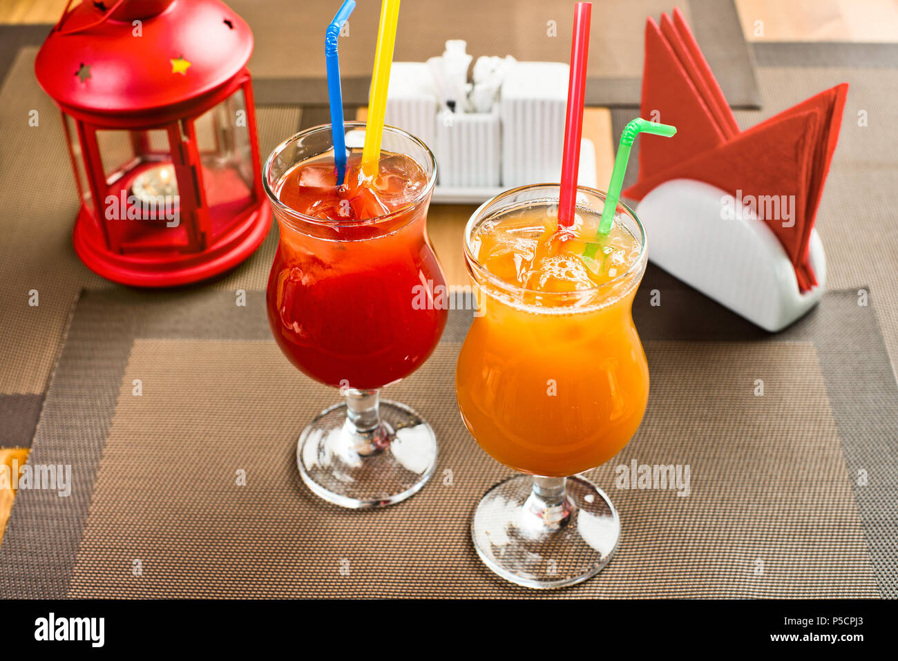 two freshener soft drinks with ice, on table in restaurant Stock Photo