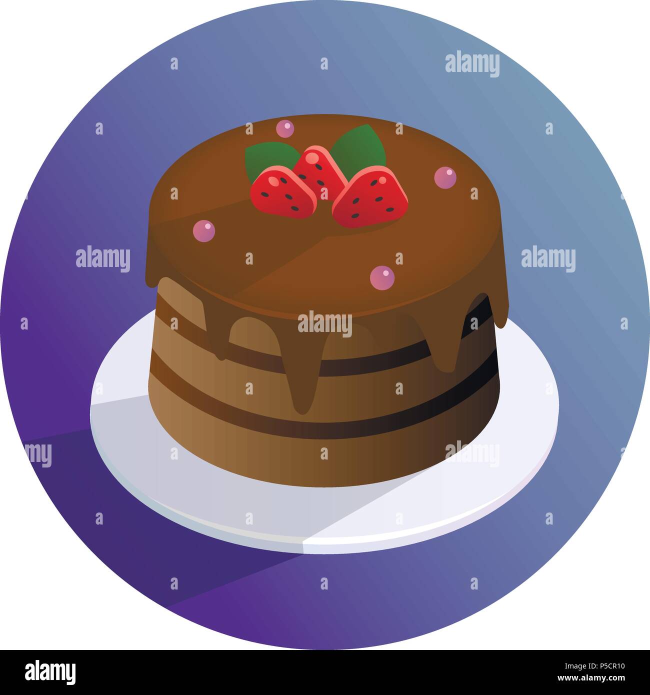 Vector chocolate cake with strawberries on a plate Stock Vector