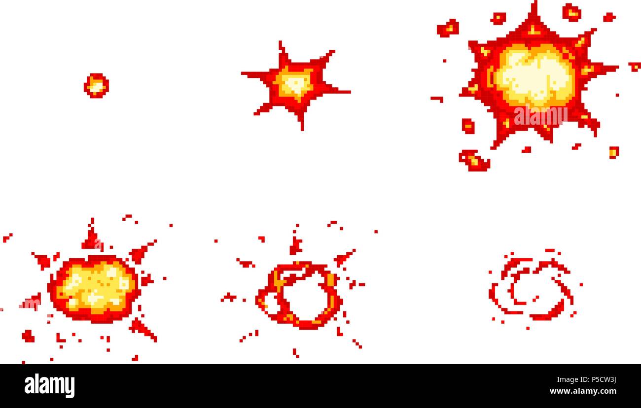 Pixel art explosions. game icons set. Comic boom flame effects for emotion.  8-Bit Vector. Bang burst explode flash nuclear bubble dynamite with smoke.  Animation frame. Process steps, Video fire Stock Vector Image