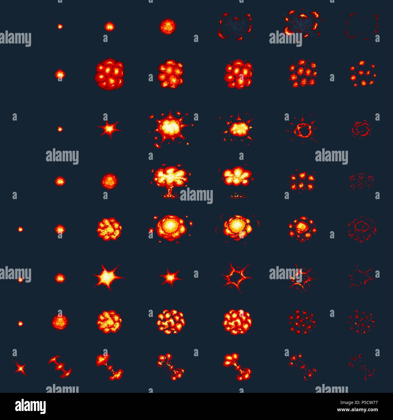 Pixel art explosions. game icons set. Comic boom flame effects for emotion.  8-Bit Vector. Bang burst explode flash nuclear bubble dynamite with smoke.  Animation frame. Process steps, Video fire Stock Vector Image