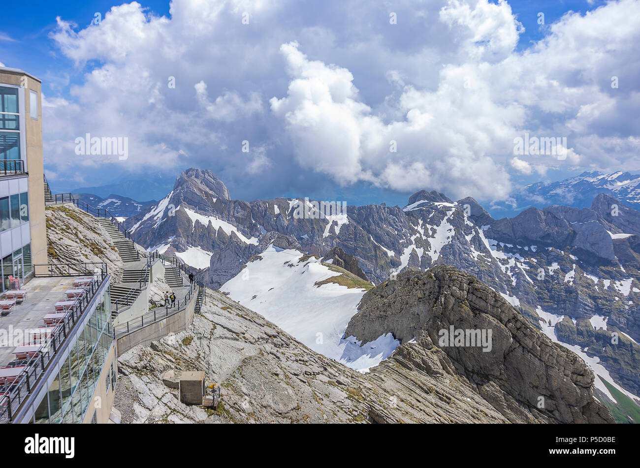 On the peak of Säntis Mountain, Appenzell Alps, Switzerland - view from the observation deck on the summit over the surrounding landscape. Stock Photo