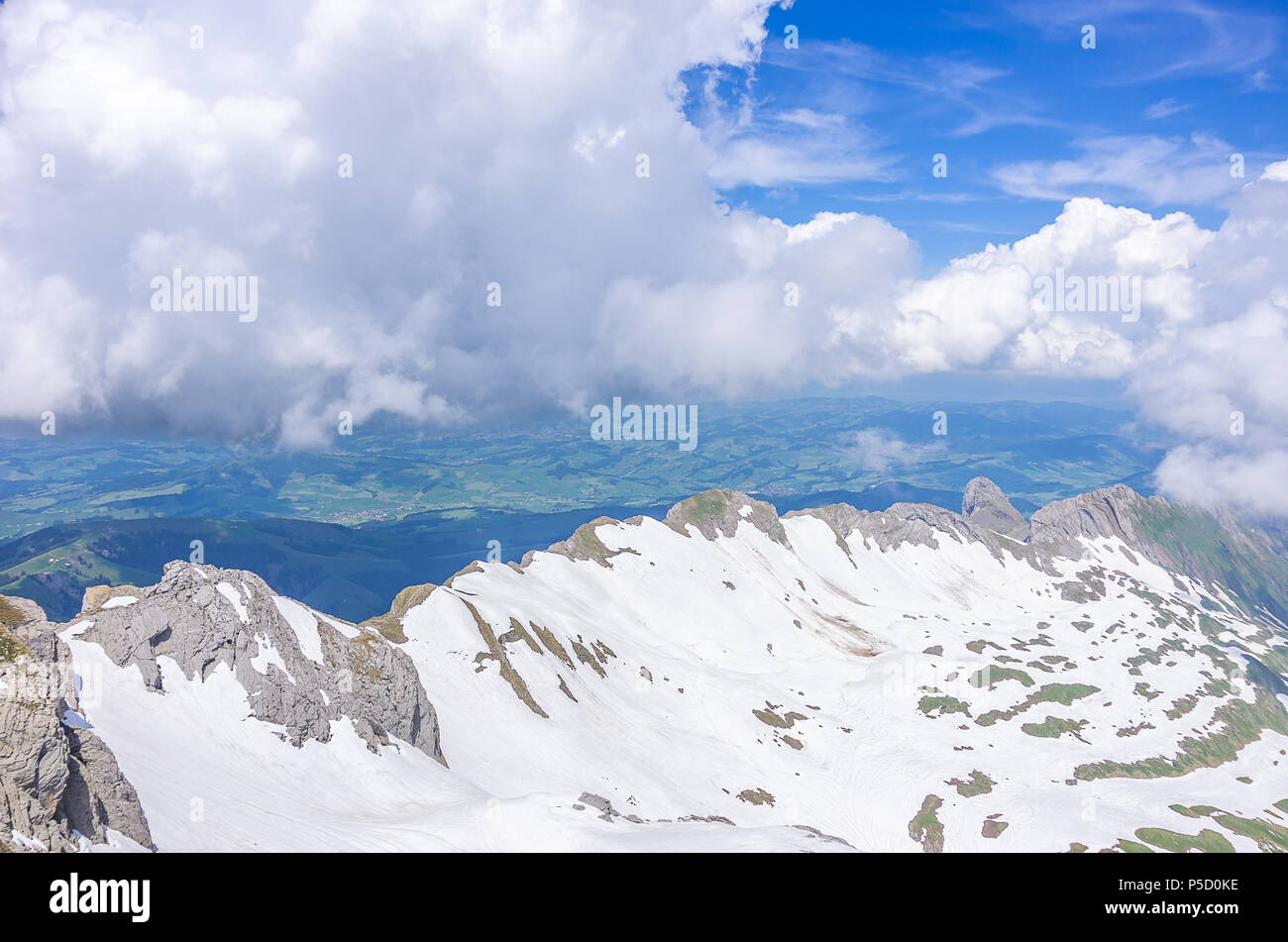 On the peak of Säntis Mountain, Appenzell Alps, Switzerland - view of the surrounding landscape. Stock Photo