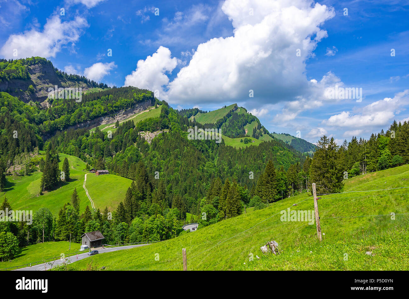 Mountain landscape in the Swiss Alps near Urnäsch and Schwägalp, Canton Appenzell Ausserrhoden, Switzerland. Stock Photo