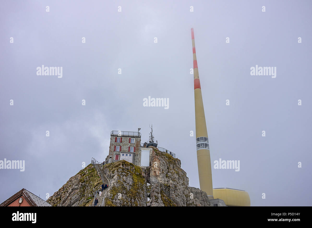 On the peak of Säntis Mountain, Appenzell Alps, Switzerland - outbuildings and transmitter. Stock Photo