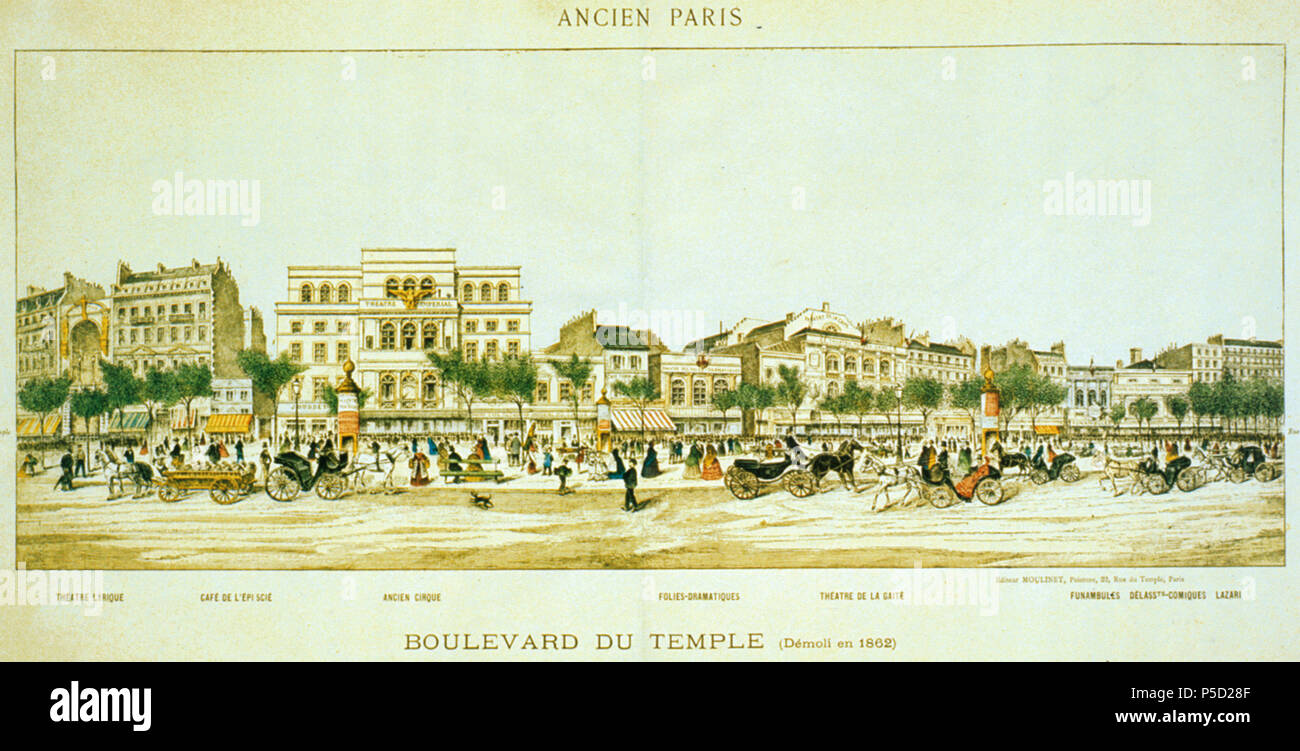 N/A. English: The boulevard du Temple before its demolition in 1862 . 1862 (original). Painting after:   Adolphe Martial-Potémont  (1828–1883)    Alternative names Adolphe Theodore Jules Martial Potémont; Adolphe Potemont; Martial  Description French painter and engraver  Date of birth/death 10 February 1828 14 October 1883  Location of birth/death Paris Paris  Work location Paris  Authority control  : Q2824872 VIAF:19669472 ISNI:0000 0001 0718 1025 ULAN:500026628 LCCN:n85113391 Open Library:OL1367842A WorldCat 226 Boulevard du Temple 1862 - Chauveau 1999 Stock Photo
