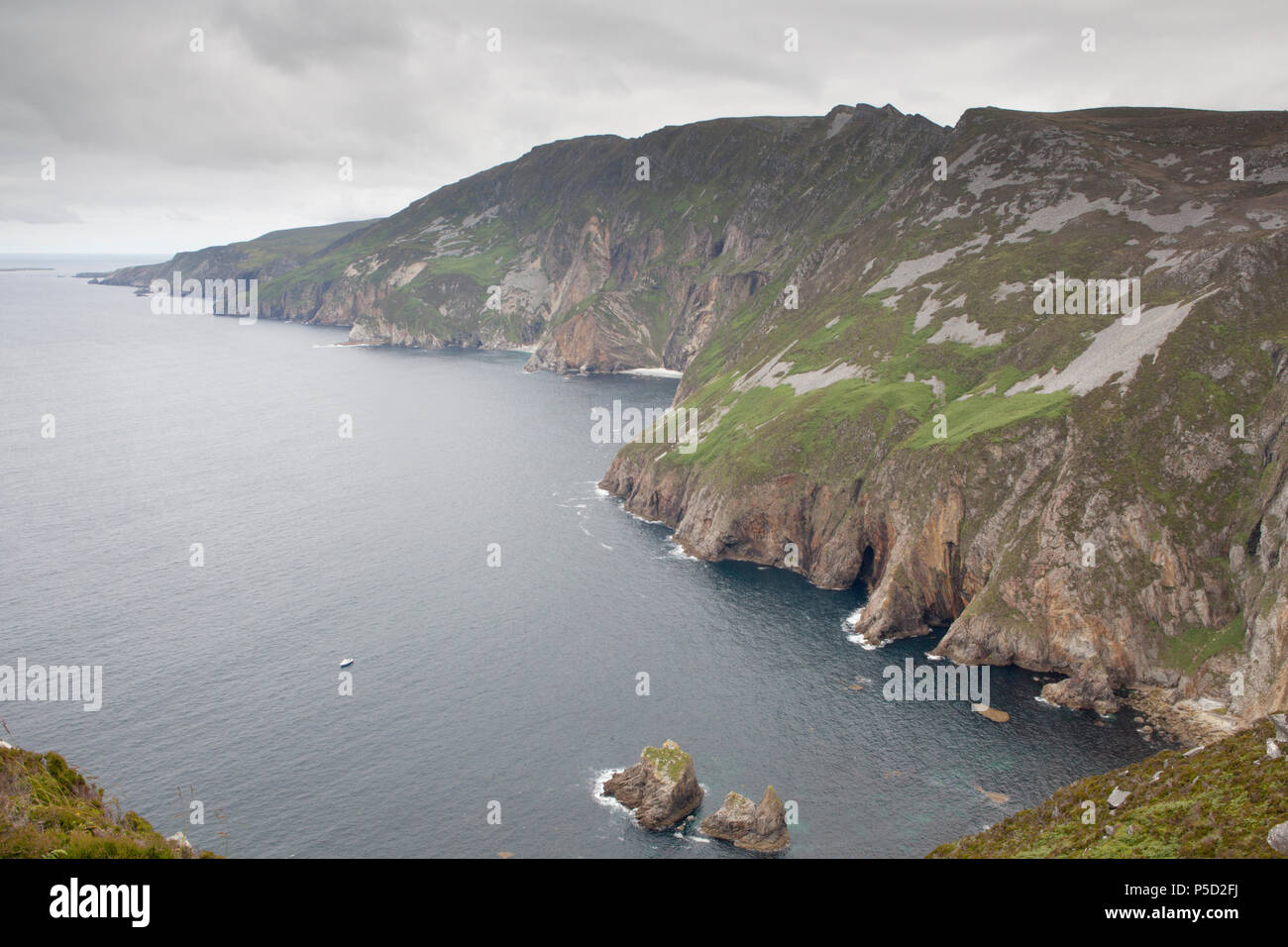 Slieve League Mountain has some of Ireland's highest sea cliffs at 609m. They drop away into the Atlantic Ocean on the coast of Donegal Stock Photo