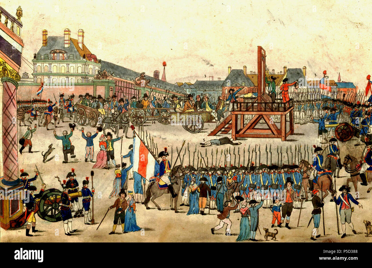 N/A. Deutsch: Die Hinrichtung Robespierres und seiner Anhänger am 28. Juli 1794 English: The execution of Robespierre and his supporters on 28 July 1794. Note: the beheaded man (6) is not Robespierre, but Couthon: Maximilien Robespierre (10) is shown sitting on the cart, dressed in brown, wearing a hat, and holding a handkerchief to his mouth. His younger brother Augustin (8) is being led up the steps to the scaffold. Français : Exécution de Robespierre et de ses complices conspirateurs contre la liberté et l'égalité : vive la Convention nationale qui par son énergie et surveillance a délivré  Stock Photo
