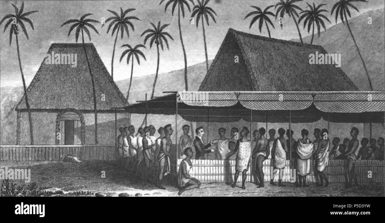 N/A. English: A Missionary Preaching to the Natives, under a Skreen of platted Cocoa-nut leaves at Kairua (Kailua-Kona, Hawaii). Engraving by T. Dixon after Rev. William Ellis for Ellis' Narrative of a Tour through Hawaii (in 1823). Published: London, H. Fisher, Son, and P. Jackson. circa 1823. T. Dixon after   William Ellis  (1794–1872)      Alternative names W. Ellis; Reverend William Ellis; Rev. William Ellis  Description British missionary, writer and photographer  Date of birth/death 29 August 1794 9 June 1872  Location of birth/death London London  Work period 1816-1872  Work location So Stock Photo