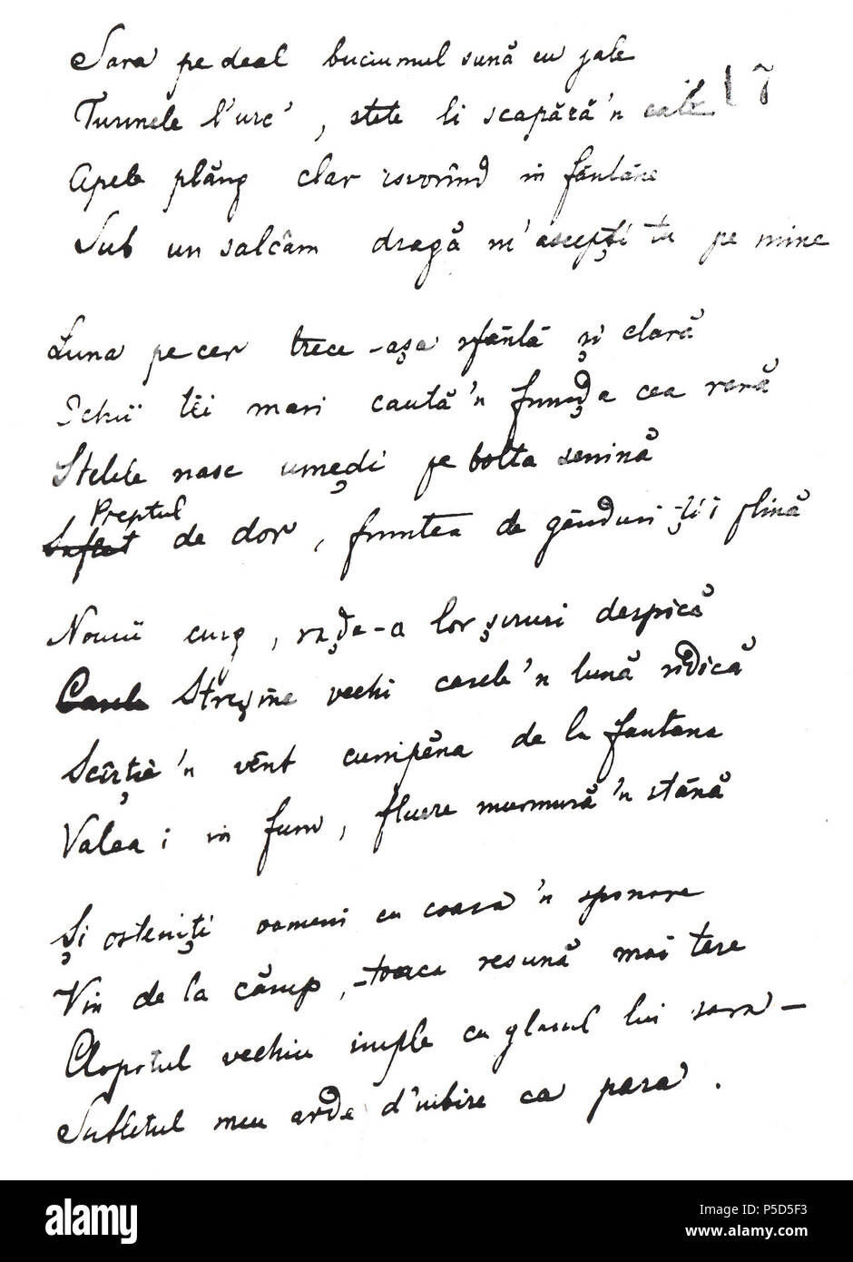 N/A. English: Penultimate version of Sara pe deal ('Evening on the Hill') poem. 1872.   Mihai Eminescu  (1850–1889)       Alternative names Eminescu; Mihail Eminescu; M.Eminoviciu; M. Eminescu  Description Moldovan-Romanian actor, prosaist, journalist, librarian, essayist and writer  Date of birth/death 15 January 1850 (in Julian calendar) 15 June 1889 (in Julian calendar)  Location of birth/death Botoani Bucharest  Authority control  : Q184935 VIAF:27064042 ISNI:0000 0001 2100 0235 LCCN:n80057213 NLA:36083936 MusicBrainz:0ef52d92-06fe-47ce-a58d-68dbed569f50 WorldCat 508 Eminescu - Sara pe dea Stock Photo