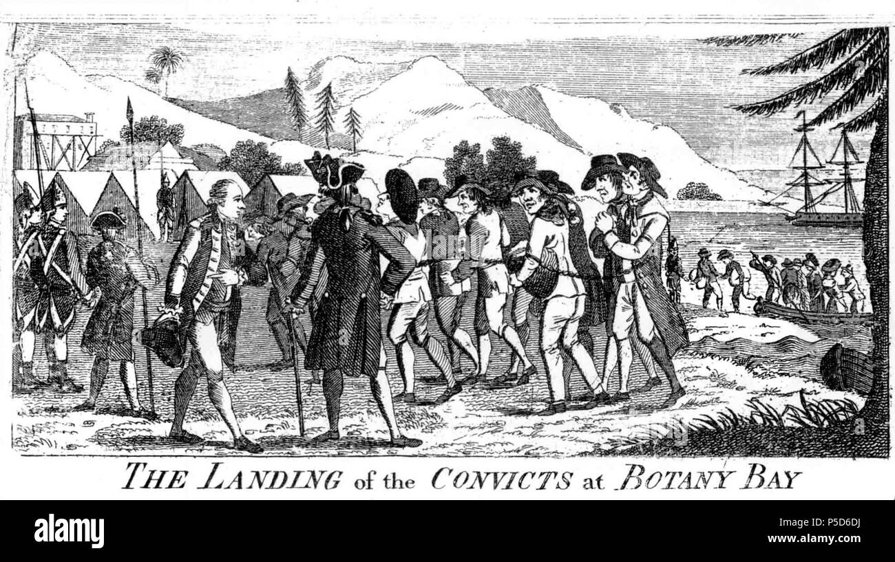 N/A. 'Landing of Convicts at Botany Bay' from Captain Watkin Tench's A NARRATIVE OF THE EXPEDITION TO BOTANY BAY. First published in 1789 . 1789. Unknown 377 Convicts at Botany Bay Stock Photo