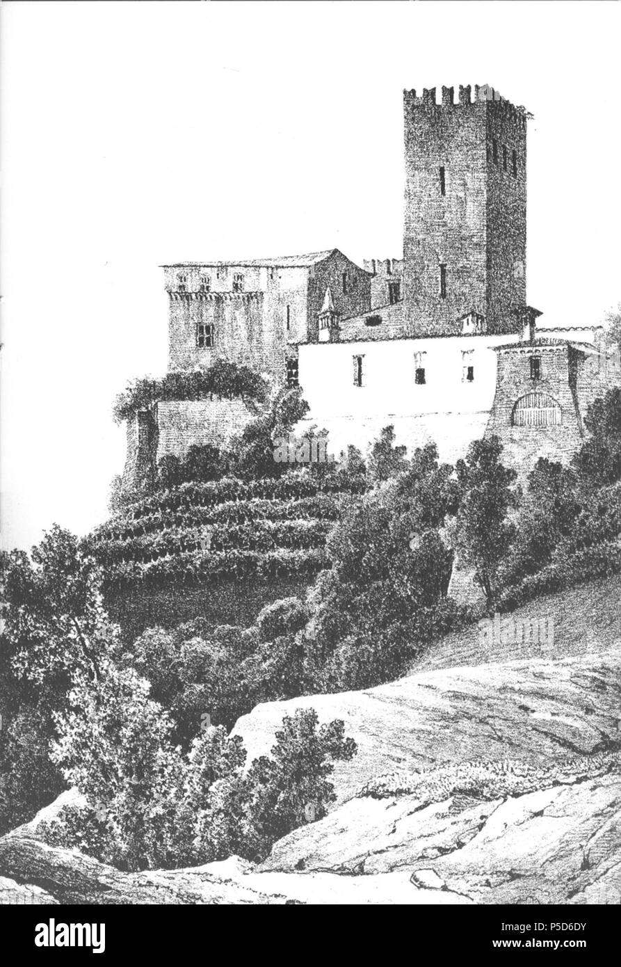 N/A. Italiano: Castello di Blonay Avise, Valle d'Aosta, Italia. Disegno di E Gonin del 1852, Torino, Lit. F.lli Doyen e C.ia . 13 April 2012. E Gonin 281 Castello di Blonay, Gonin 1852 Stock Photo