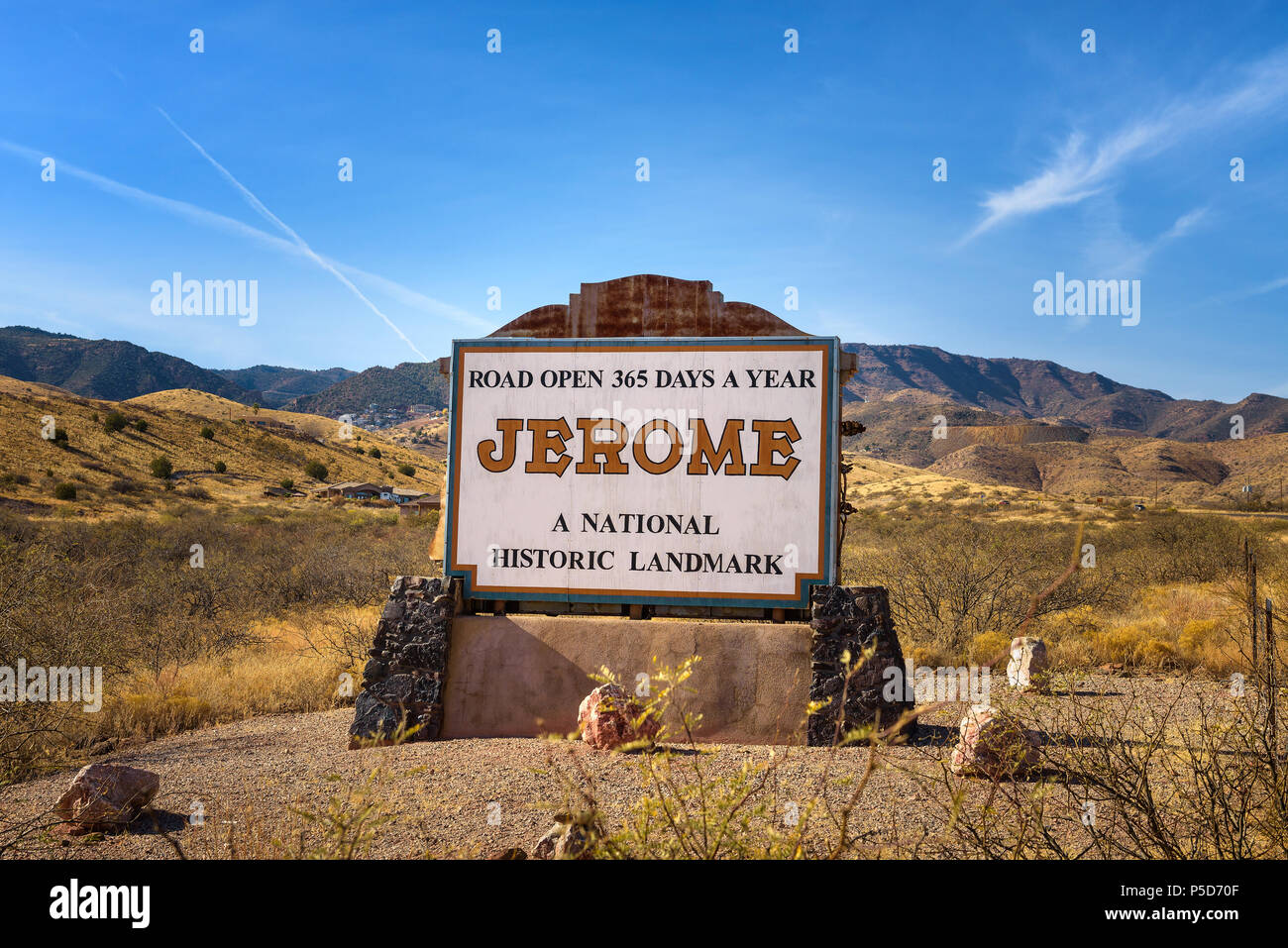Welcome sign to the historic mountain town of Jerome, Arizona Stock Photo