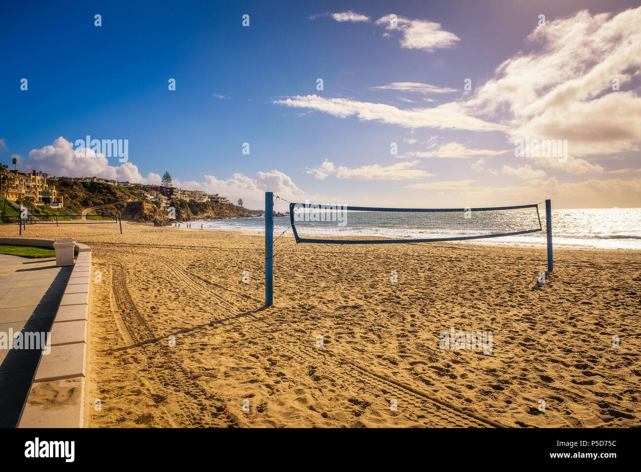 Beach volleyball net on the Corona del Mar State Beach near Los Angeles Stock Photo