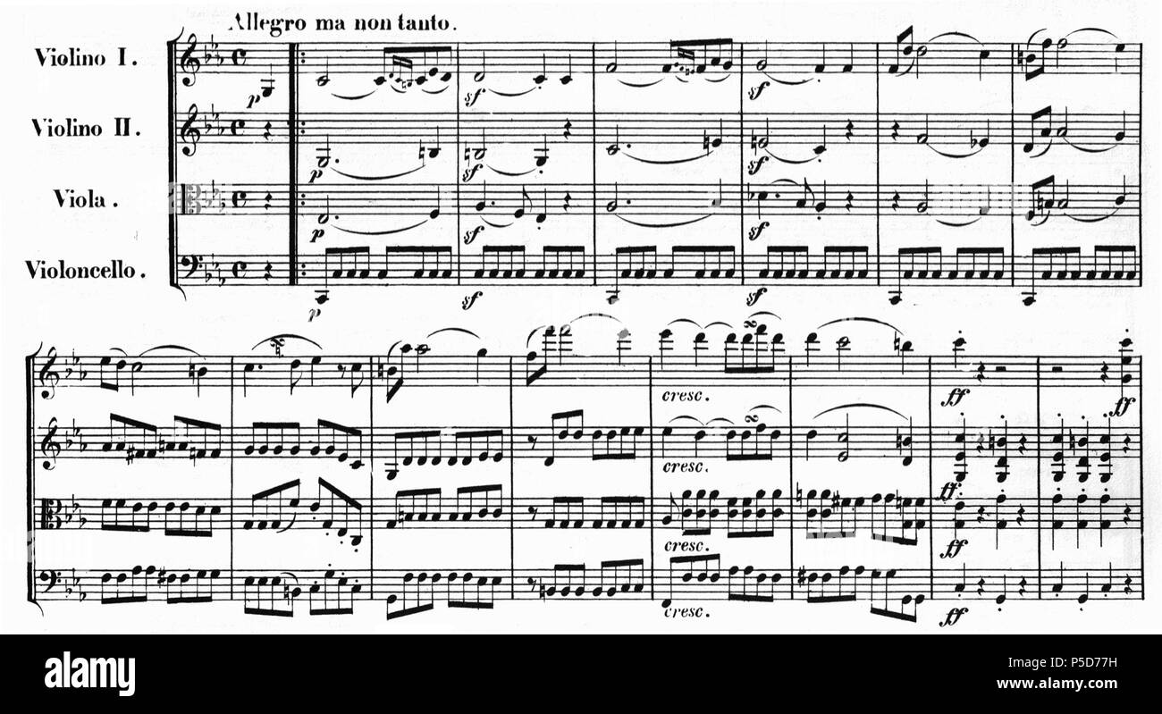 N/A. English: Opening measures of the String Quartet No. 4 Op. 18 by Ludwig van Beethoven. 1800.   Ludwig van Beethoven  (1770–1827)       Alternative names Beethoven  Description German composer and pianist He was a crucial figure in the transition between the Classical and Romantic eras in Western art music. Beethoven remains one of the most famous and influential of all composers. His best-known compositions include 9 symphonies, 5 piano concertos, 1 violin concerto, 32 piano sonatas, 16 string quartets, his great Mass the Missa solemnis and an opera, Fidelio.  Date of birth/death 17 Decemb Stock Photo