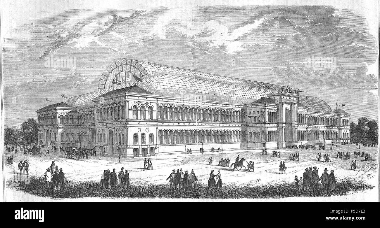 N/A. English: The Palais de l'Industrie in Paris. Image from page 181 of the journal Die Gartenlaube, 1855. 1855 (publication). Jean-Marie-Victor Viel (31 December 1796 – 7 May 1863), architect Alexandre Barrault (9 September 1812 – 18 November 1863), engineer Engraver not identified 452 Die Gartenlaube (1855) b 181 (levels adjusted) Stock Photo