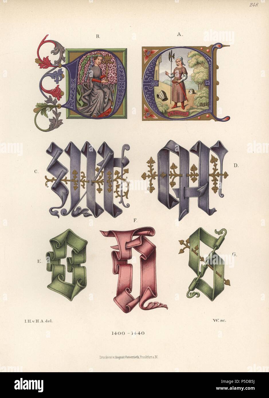 Initials from illuminated manuscripts of the early 15th century, from libraries in Paris, Heidelberg and Munich. Chromolithograph from Hefner-Alteneck's 'Costumes, Artworks and Appliances from the early Middle Ages to the end of the 18th Century,' Frankfurt, 1883. IIlustration drawn by Hefner-Alteneck, lithographed by W, and published by Heinrich Keller. Dr. Jakob Heinrich von Hefner-Alteneck (1811-1903) was a German archeologist, art historian and illustrator. He was director of the Bavarian National Museum from 1868 until 1886. Stock Photo