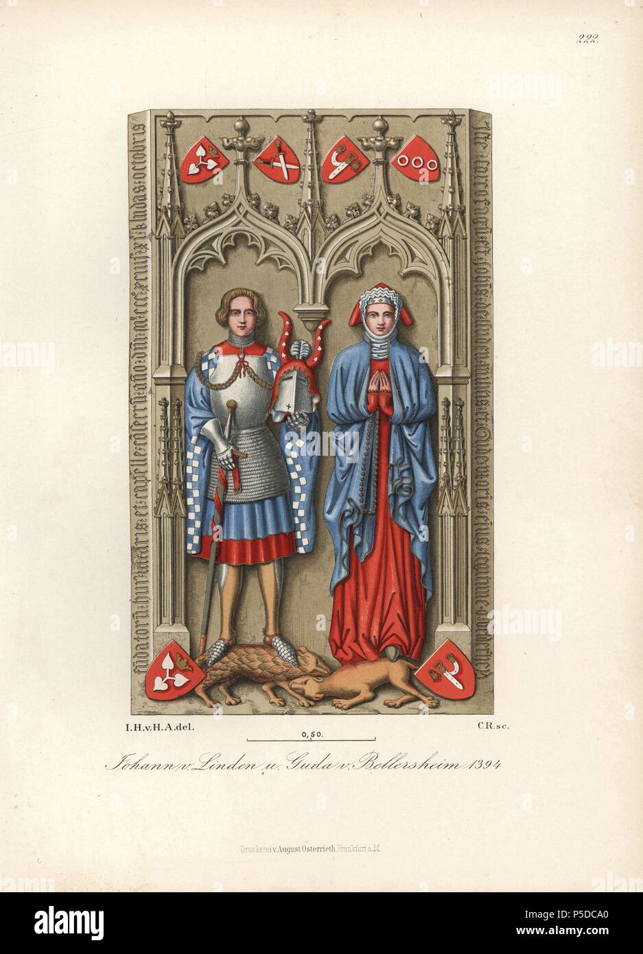 Battle armour and marriage clothes of Johann von Linden and Guda von Bellersheim, 1394, from Kloster Urnsburg. Chromolithograph from Hefner-Alteneck's 'Costumes, Artworks and Appliances from the early Middle Ages to the end of the 18th Century,' Frankfurt, 1883. IIlustration drawn by Hefner-Alteneck, lithographed by C. Regnier, and published by Heinrich Keller. Dr. Jakob Heinrich von Hefner-Alteneck (1811-1903) was a German archeologist, art historian and illustrator. He was director of the Bavarian National Museum from 1868 until 1886. Stock Photo