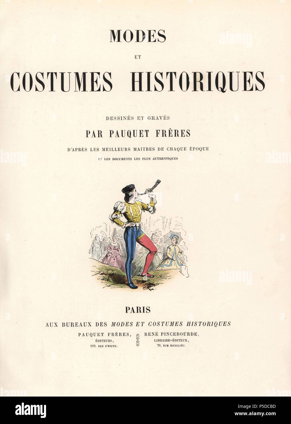 Title page with vignette showing a medieval page blowing a horn.  Handcoloured steel engraving by Polidor Pauquet after Willemin from the  Pauquet Brothers' "Modes et Costumes Historiques" (Historical Fashions and  Costumes), Paris,