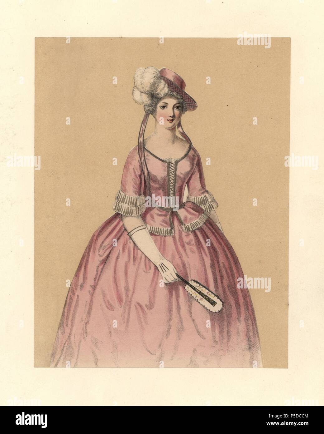 Dress of the reign of King George II 17271760. She wear a pink hat with plumes and ribbons a tight bodice with lace cuffs and a full crinoline petticoat. Based on Thomas