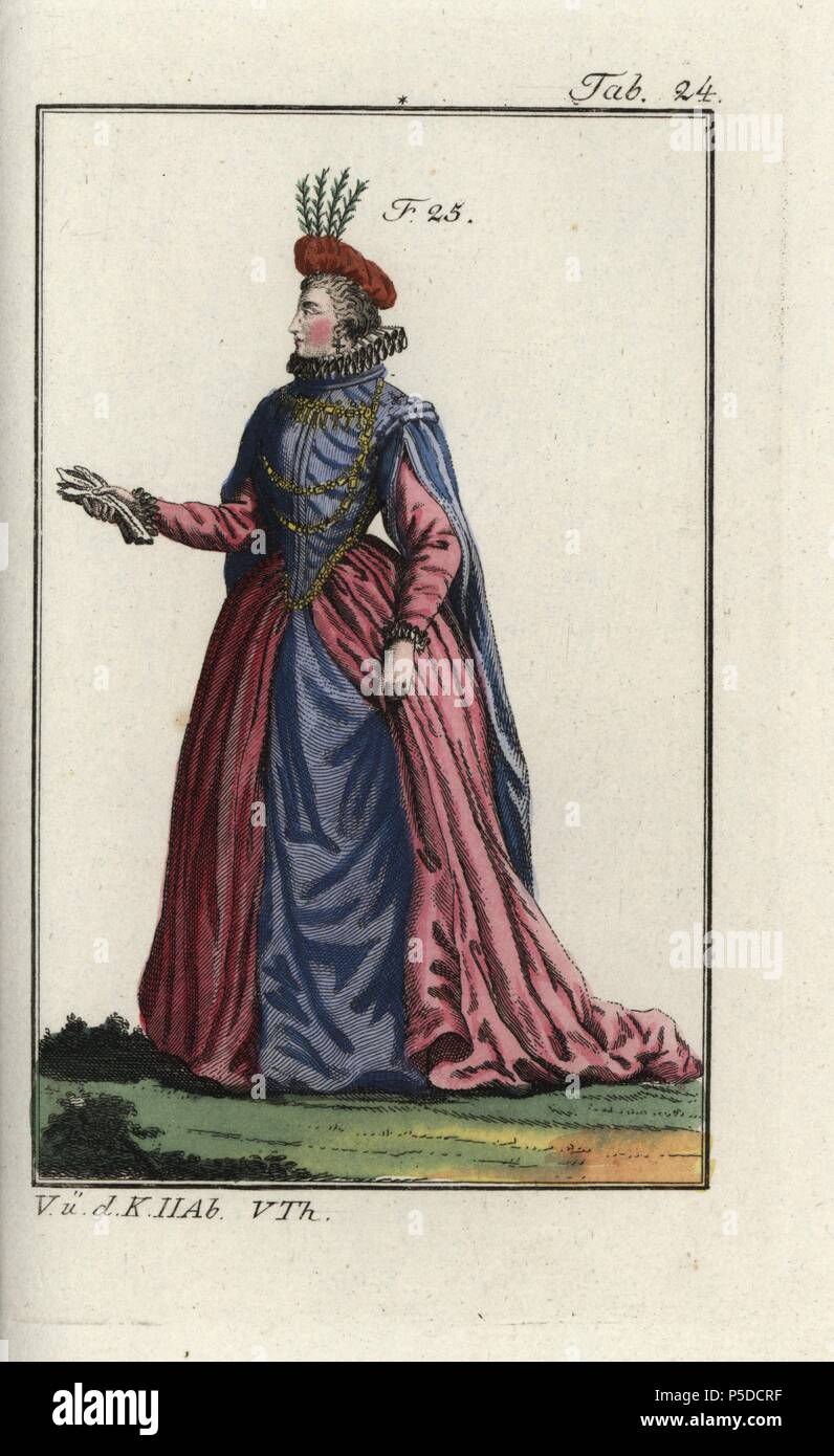 Noblewoman of France, 1581. Handcolored copperplate engraving from Robert von Spalart's 'Historical Picture of the Costumes of the Principal People of Antiquity and of the Middle Ages,' Vienna, 1811. Illustration based on Thomas Jefferys Collection of Dresses of Different Nations, Antient and Modern. After the Designs of Holbein, Van Dyke, Hollar, and others, London, 1757. Stock Photo