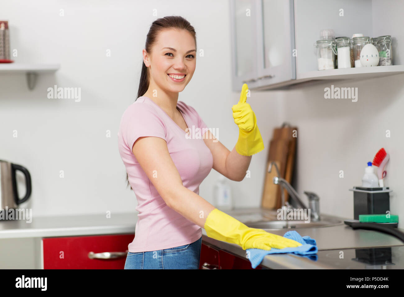 Woman Or Housewife Cleaning Table At Home Kitchen Stock Photo Alamy