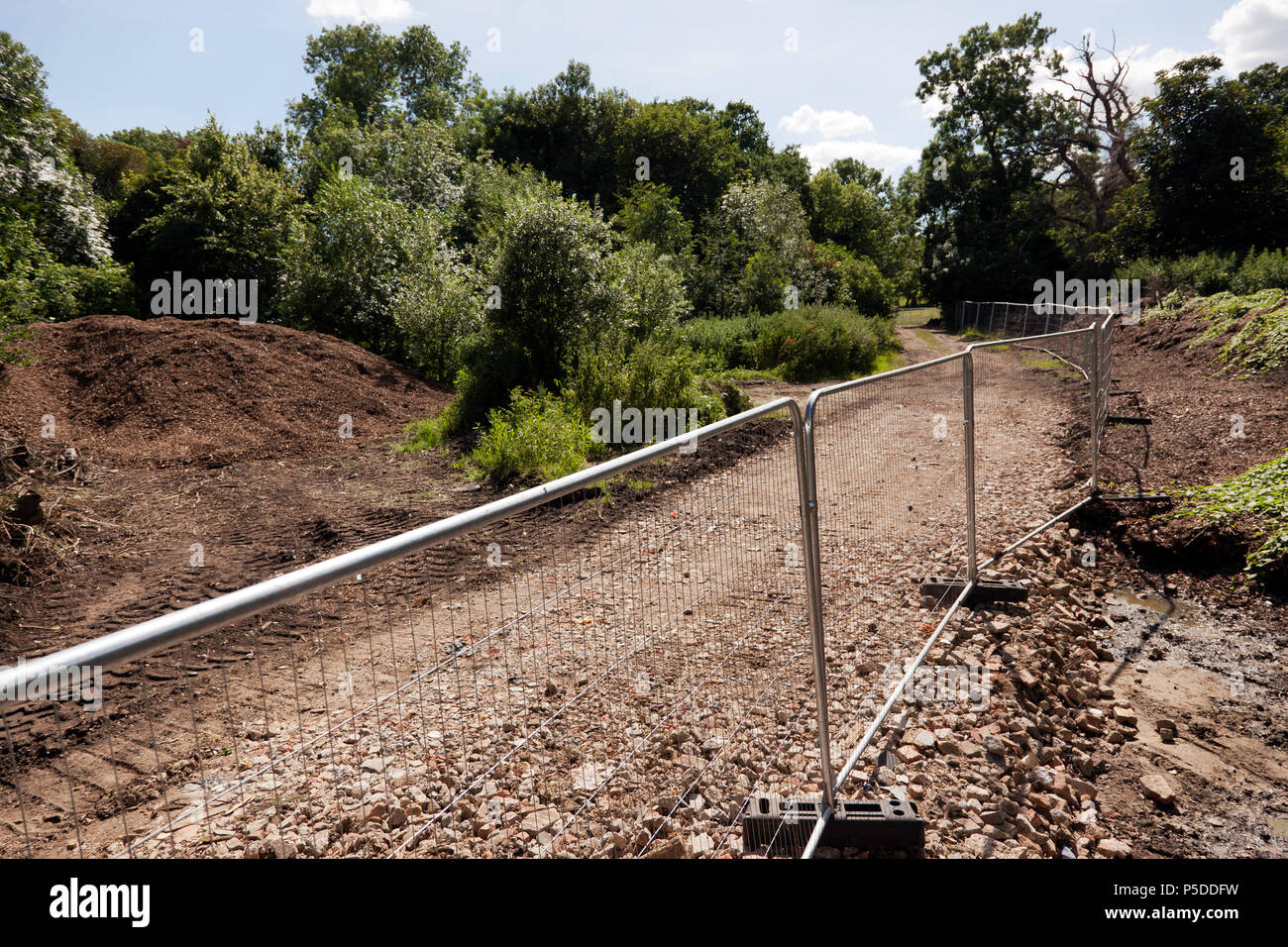 Temporary  Metal Fences for Construction traffic  during improvements to  Beckenham Place Park Stock Photo