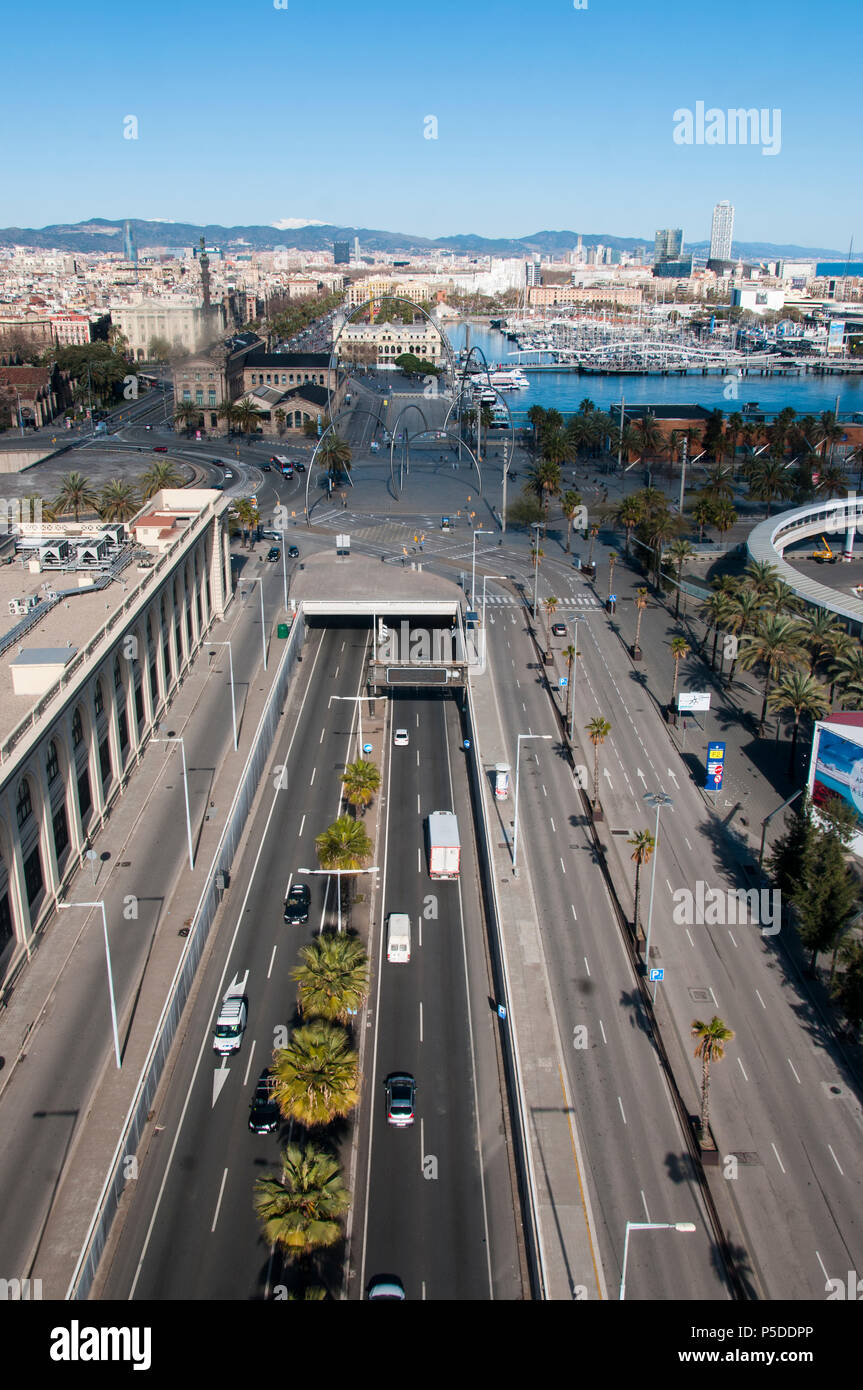 A view from the cable car in Barcelona, looking down onto the road Stock Photo