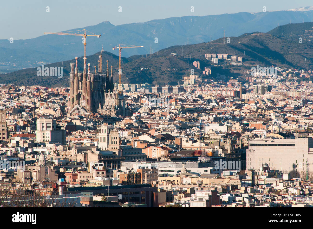 Shot across the city of Barcelona, Spain with Sagrada Familia as folcal ...