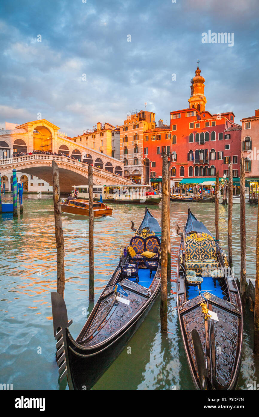 Classic Panoramic View With Traditional Gondolas On Famous Canal Grande