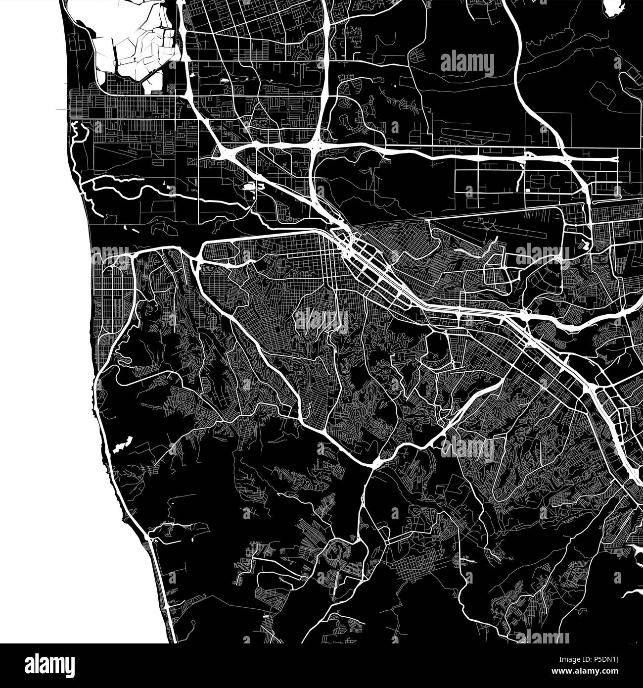 Area map of Tijuana, Mexico. Dark background version for infographic and marketing projects. This map of Tijuana, Tijuana Municipality, contains typic Stock Photo