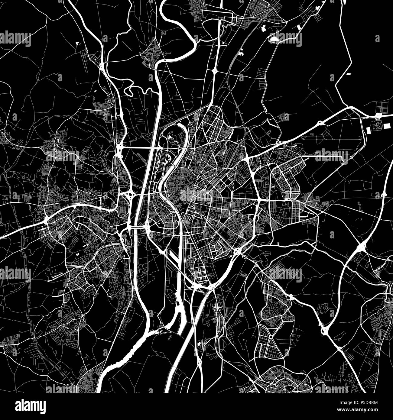 Area map of Seville, Spain. Dark background version for infographic and marketing projects. This map of Seville contains typical landmarks with street Stock Vector