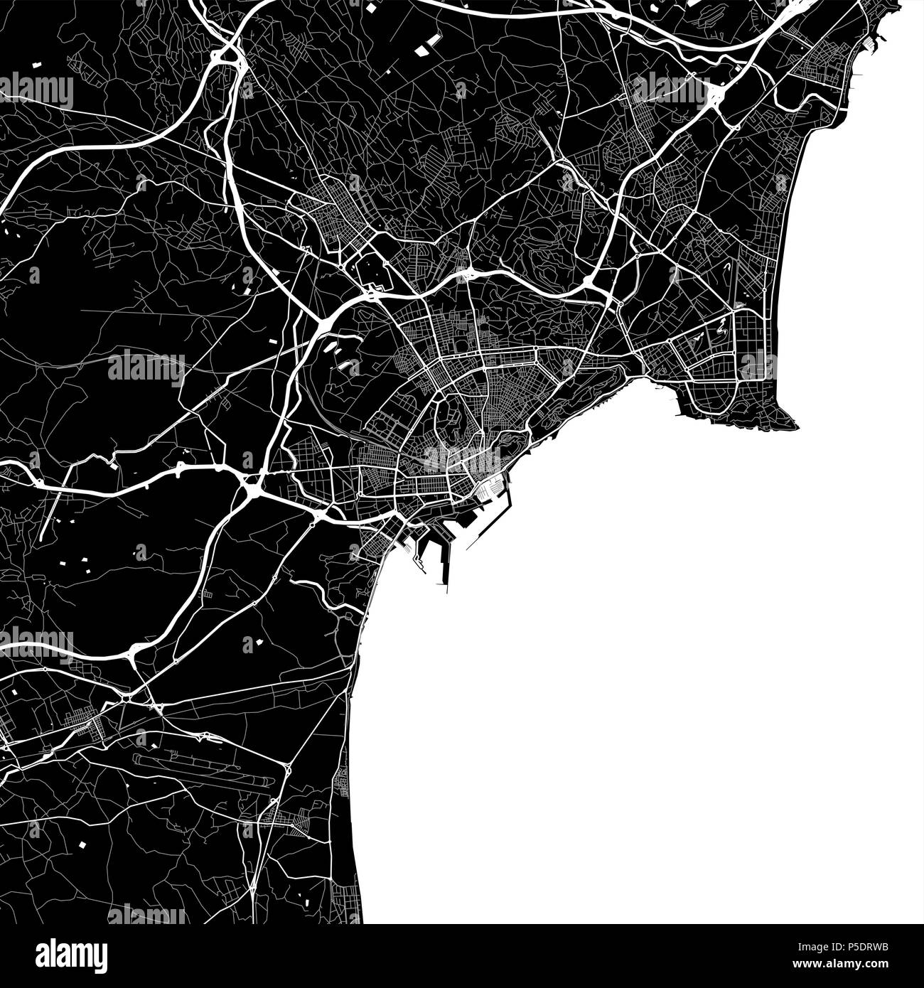 Area map of Alicante, Spain. Dark background version for infographic and marketing projects. This map of Alicante contains typical landmarks with stre Stock Photo