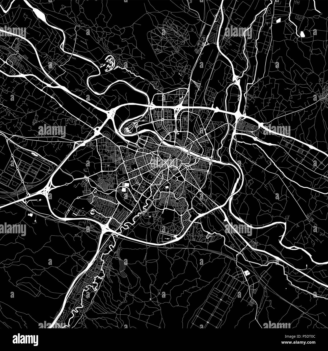 Area map of Zaragoza, Spain. Dark background version for infographic and marketing projects. This map of Zaragoza contains typical landmarks with stre Stock Photo