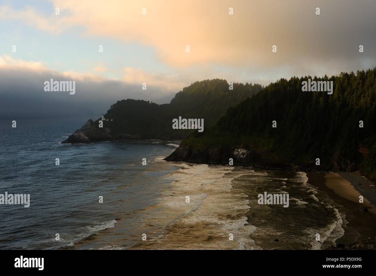 Heceta Head, with the Lighthouse and Keepers house on the Oregon central coast near sunset. Stock Photo