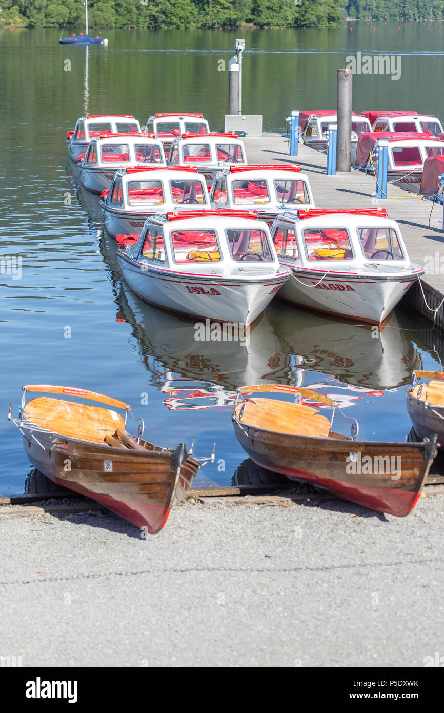 Electrical Powered motor boats for hire to tourists at Bowness-On Windermere in the English Lake District National Park Stock Photo