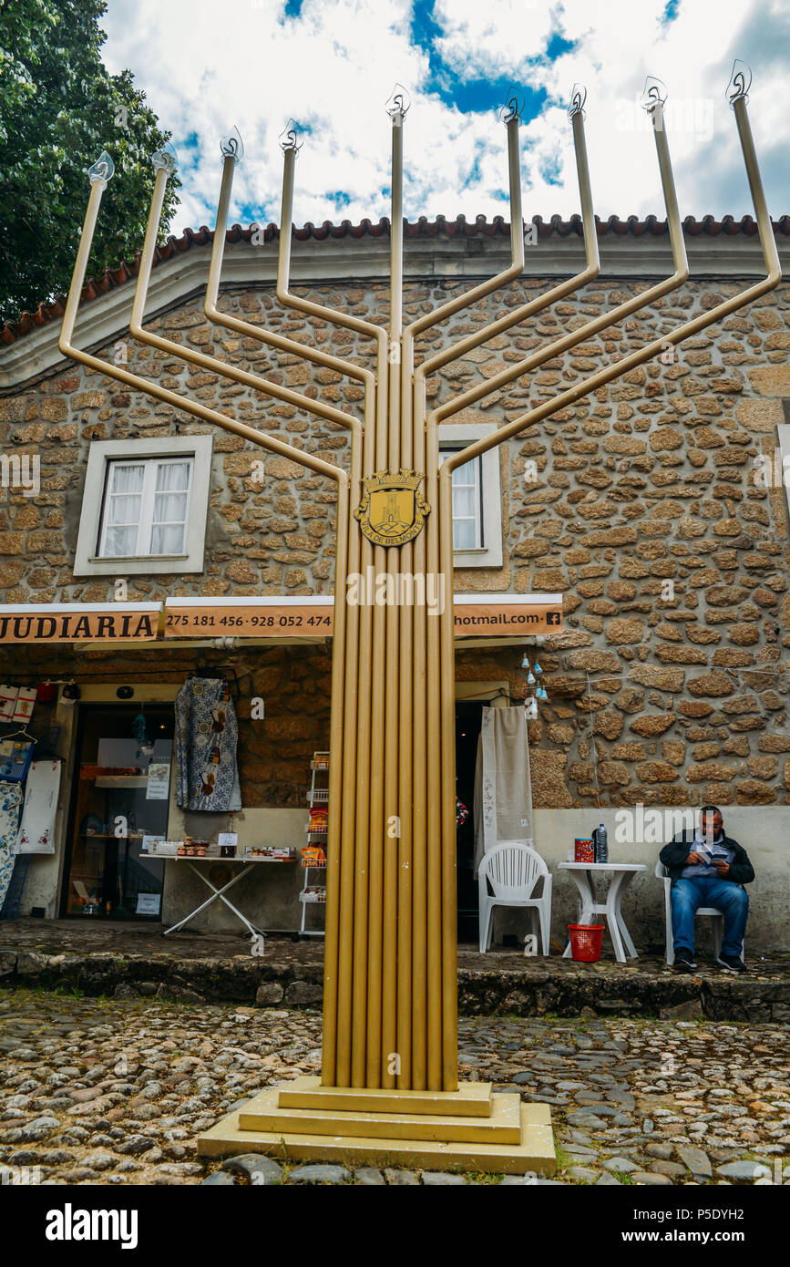Giant menorah and jewish shop in Belmonte, Portugal. Since medieval times Belmonte has a strong Jewish legacy Stock Photo