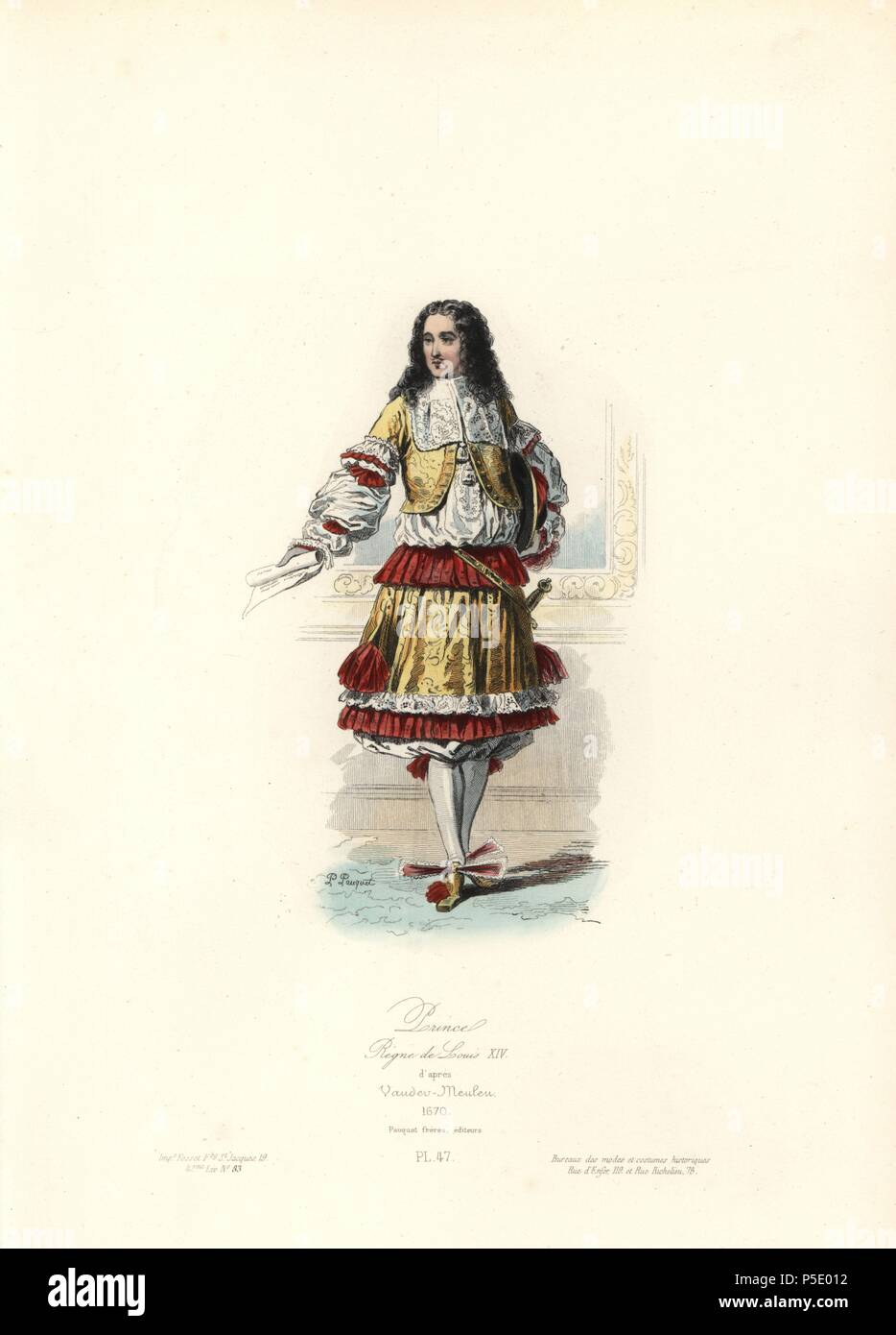 Prince, reign of Louis XIV, 1670. Handcoloured steel engraving by Polidor Pauquet after Adam Frans van der Meulen (1632-1690) from the Pauquet Brothers' 'Modes et Costumes Historiques' (Historical Fashions and Costumes), Paris, 1865. Hippolyte (b. 1797) and Polydor Pauquet (b. 1799) ran a successful publishing house in Paris in the 19th century, specializing in illustrated books on costume, birds, butterflies, anatomy and natural history. Stock Photo
