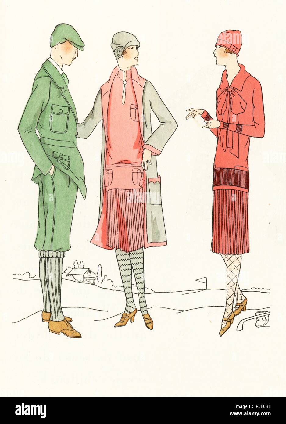 Golf fashions from 1926. Man in green jacket and plus fours, woman in pink suit of crepe de chine with grey coat, and woman in sports skirt and sweater. Lithograph with pochoir (stencil) handcolour from the luxury French fashion magazine 'Art, Gout, Beaute,' 1926. Stock Photo