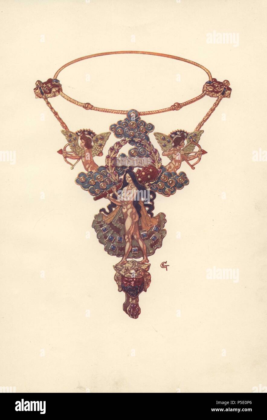 French art nouveau pendant and necklet by Eugene Grasset (1845–1917), Swiss decorative artist of the Belle Epoque.. Color plate from Charles Holme's 'Modern Design in Jewellery and Fans,' published by the Studio 1902. Stock Photo