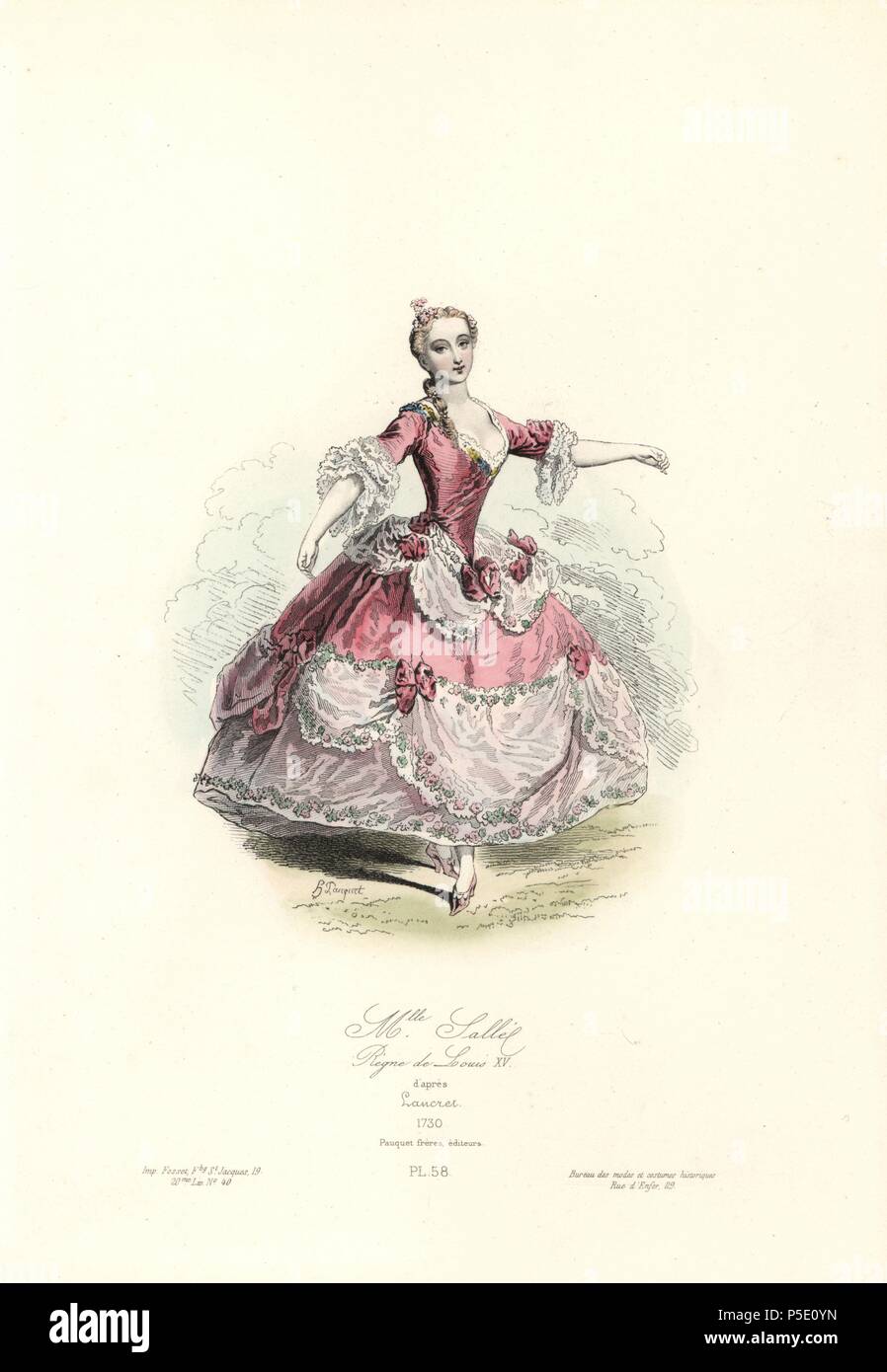 Mlle. Salle, reign of Charles XV, 1730. Marie Salle was a French ballet dancer who debuted in Paris in 1721, and enjoyed a successful career in London and Paris until her retirement in 1740. Handcoloured steel engraving by Hippolyte Pauquet after Nicolas Lancret from the Pauquet Brothers' 'Modes et Costumes Historiques' (Historical Fashions and Costumes), Paris, 1865. Hippolyte (b. 1797) and Polydor Pauquet (b. 1799) ran a successful publishing house in Paris in the 19th century, specializing in illustrated books on costume, birds, butterflies, anatomy and natural history. Stock Photo