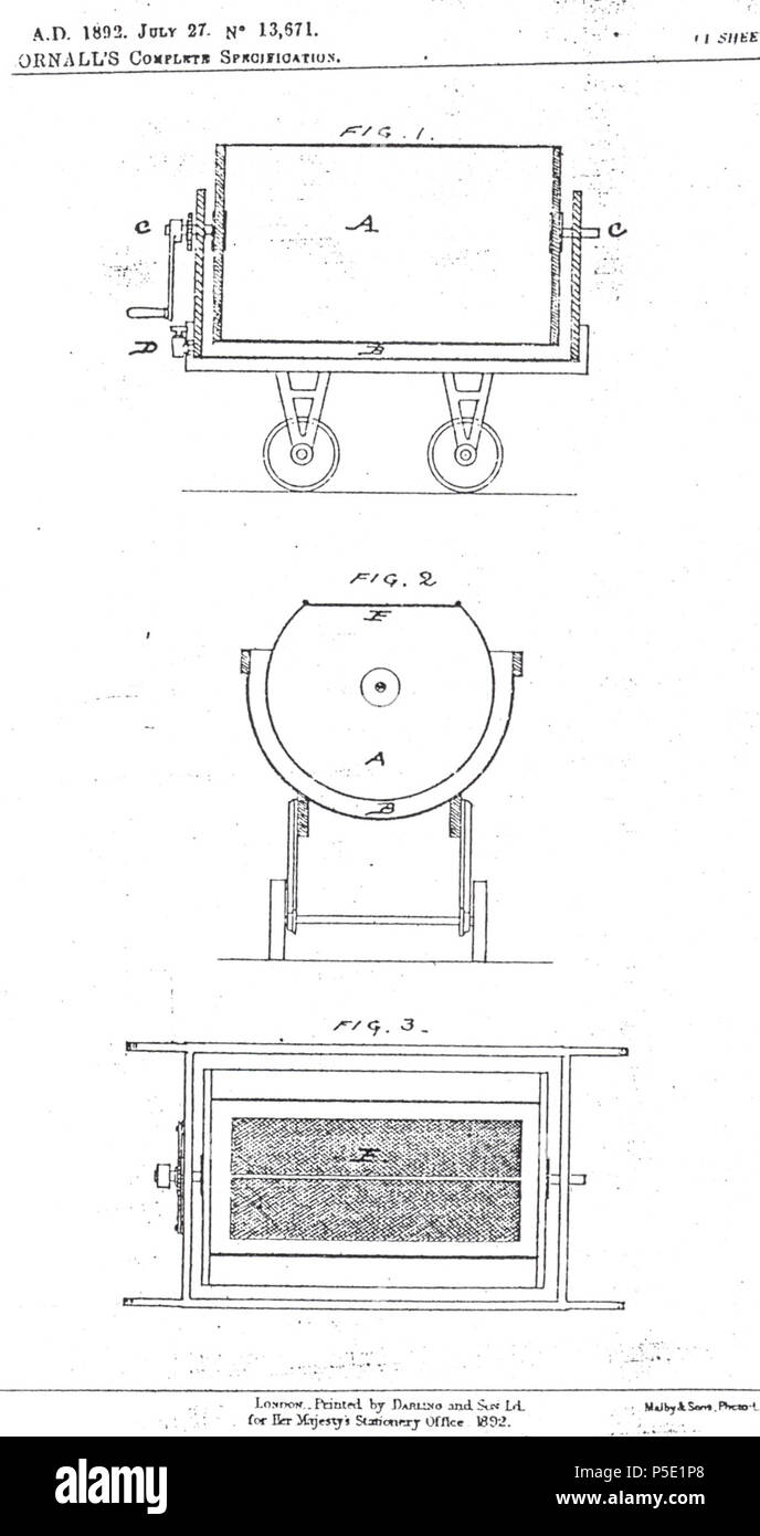 N/A. English: Diagram taken from the 1892 Patent application 'No. 13, 671, A.D. 1892 Provisional specification' published HMSO 1892 . 12 March 2013, 14:42:05. Anonymous 96 An improved cheese maker, by Joseph Gornall Stock Photo