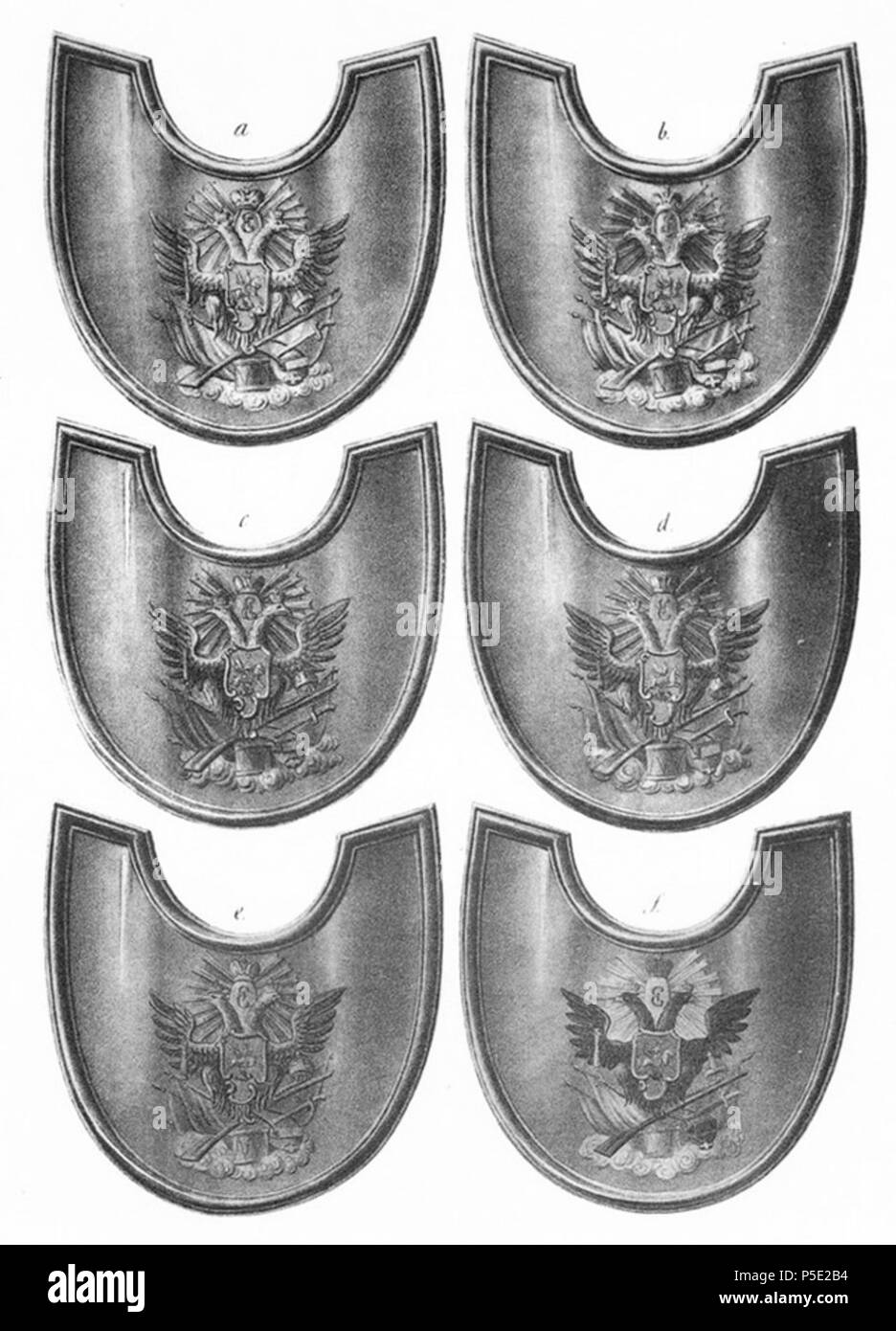 N/A. :     . a) ,b) , c) , d) , e)   , f) . before 1841. Unknown 8 03 312 Book illustrations of Historical description of the clothes and weapons of Russian troops Stock Photo