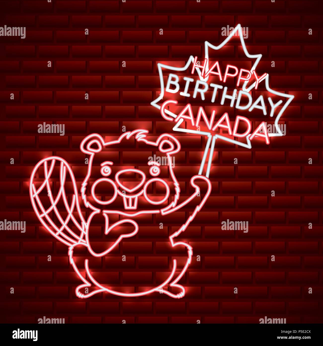 Canada Day Neon Cute Beaver Holding Leave Maple Happy Birthday