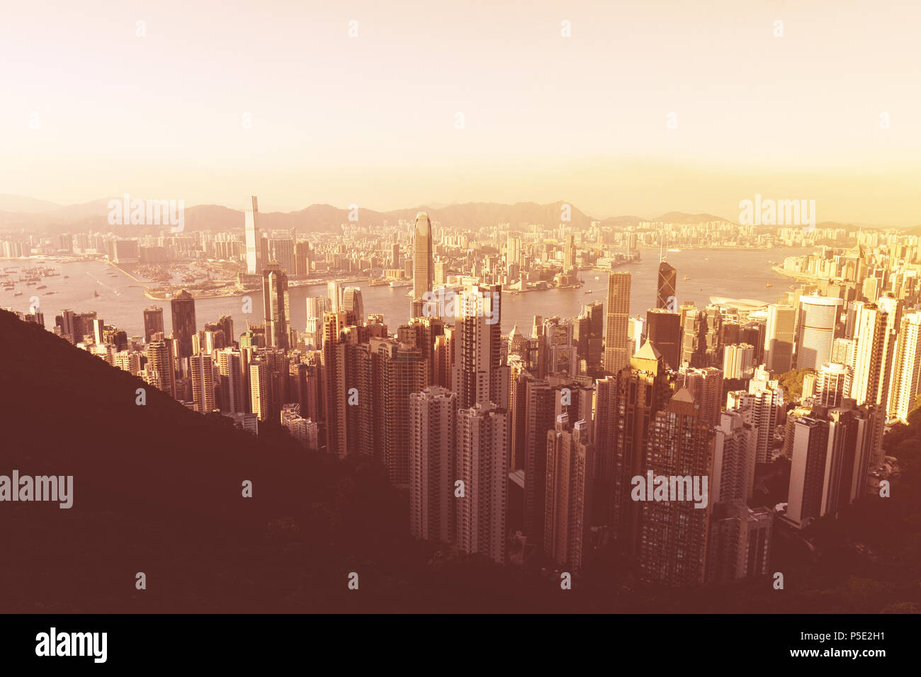 Hong Kong city skyline at golden sunset view from Victoria Peak Stock ...