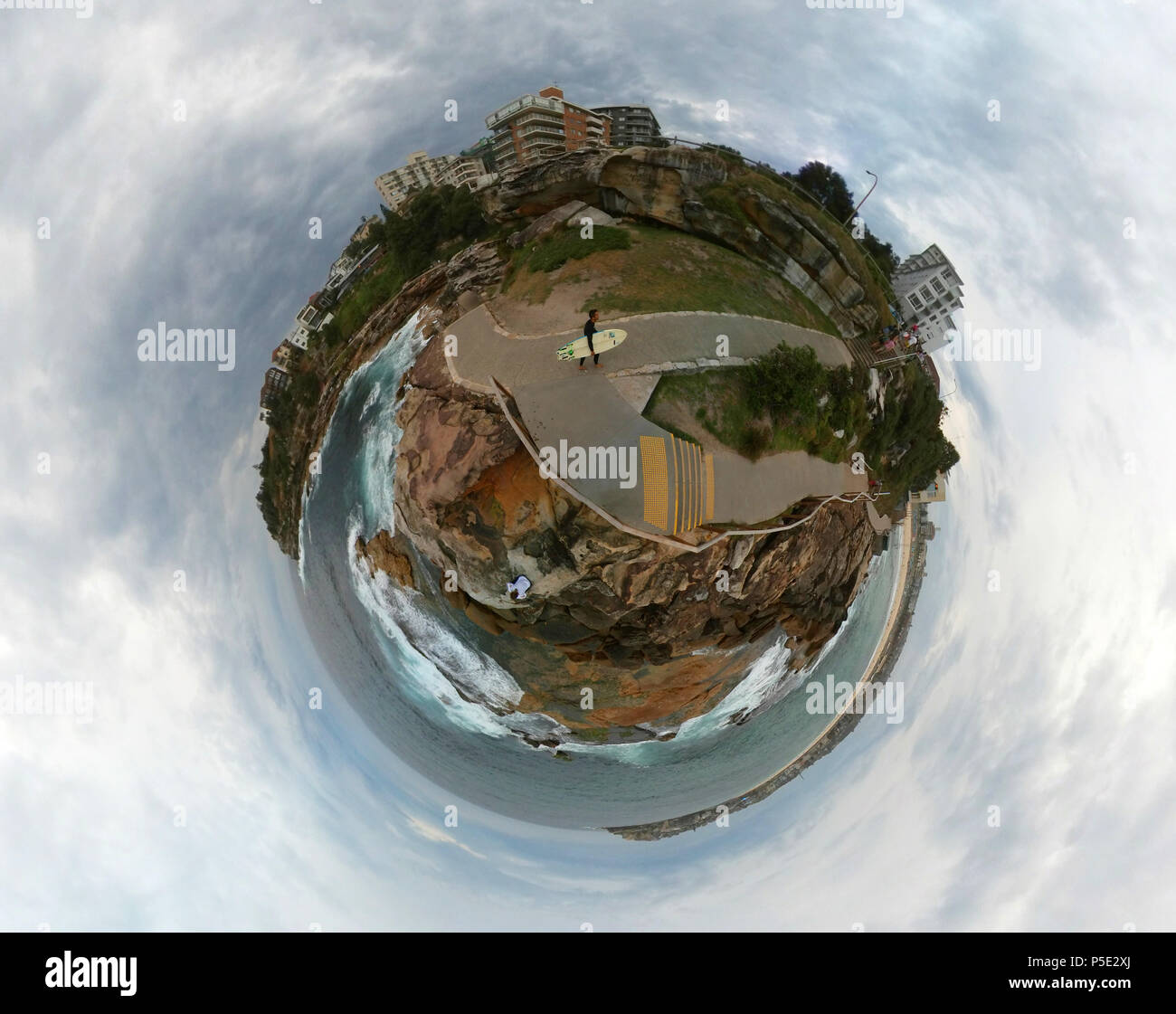 full circle-Panorama (little planet, Planetenansicht): Bondi to Coogee Walk, Sydney, Australien/ full circle (little planet) panorama: Bondi Beach, Sy Stock Photo