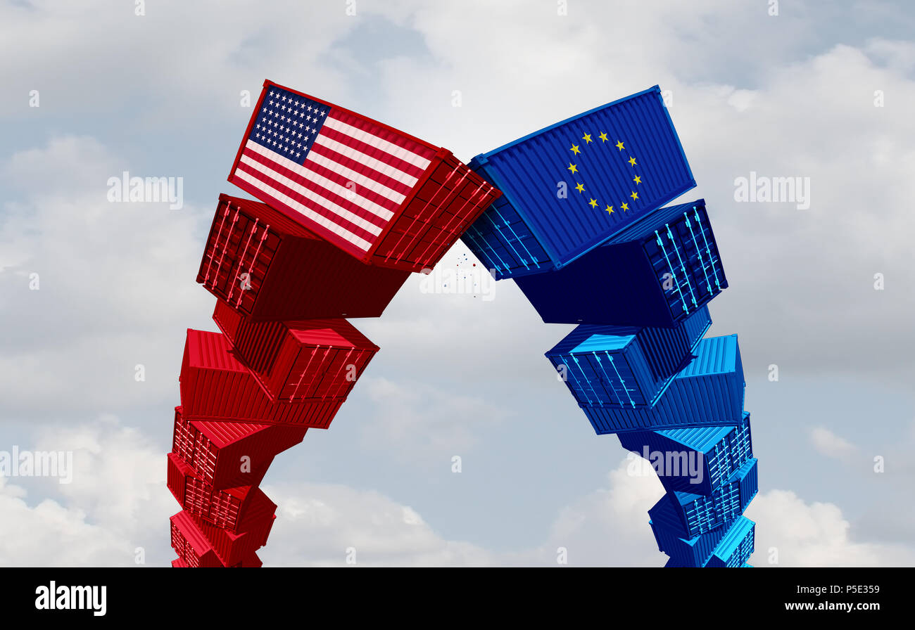 US Europe and USA trade war and American tariffs as two opposing cargo freight containers in European Union economic conflict as a dispute. Stock Photo
