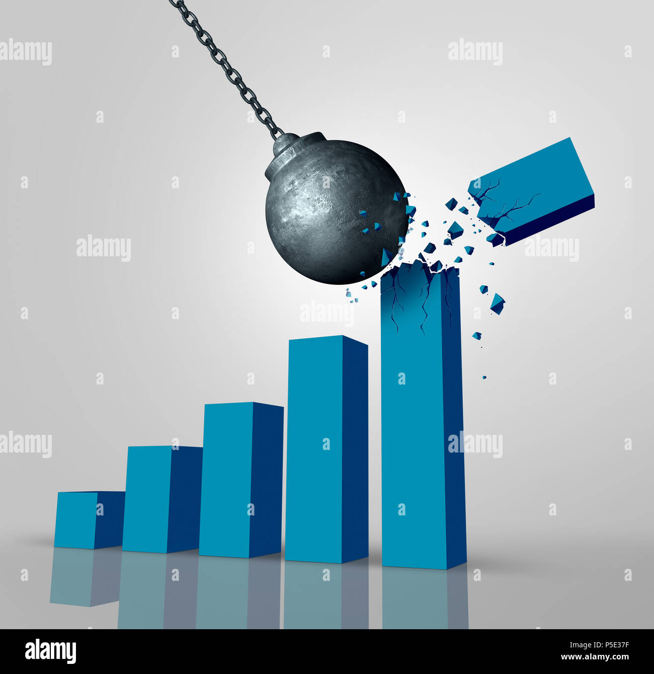 Profit destruction and financial cut in profits as an economic problem reducing wealth as a wrecking ball demolishing a successful profitable. Stock Photo