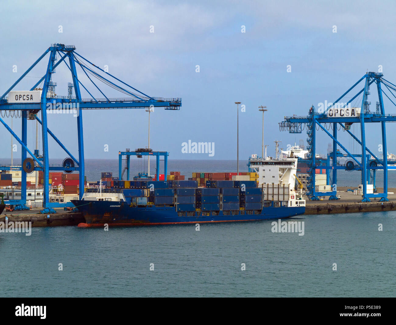 Portuguese container ship ANNAMARIE at  the busy port of   Las Palmas de Gran Canaria Stock Photo