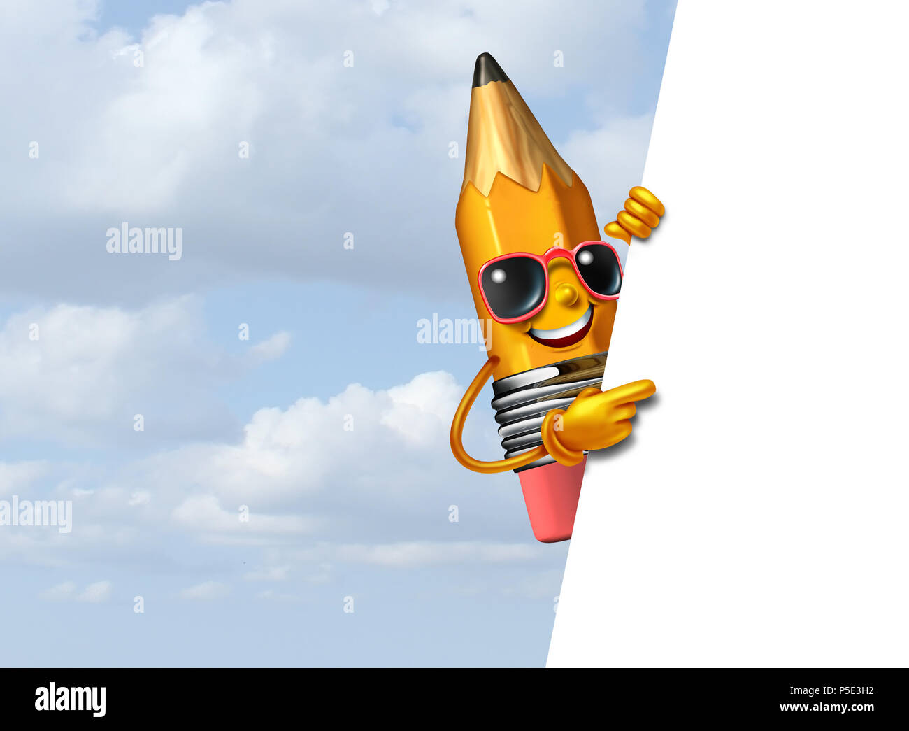 Promotional pencil communication advertising and marketing message with a pencil character sign with 3D illustration elements. Stock Photo